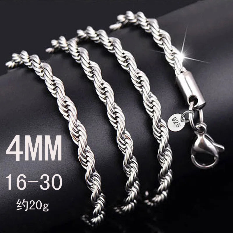 2-4MM Silver plated Twisted Rope Chain For Women Men Silver Choker Necklaces Fashion Jewelry 16-30 Inches