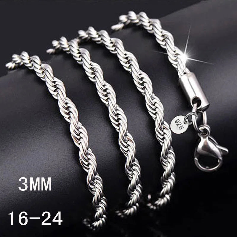 2-4MM Silver plated Twisted Rope Chain For Women Men Silver Choker Necklaces Fashion Jewelry 16-30 Inches