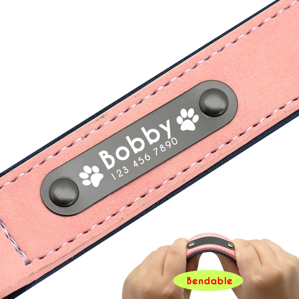 Personalized dog collar – Individual leather collars with inner padding & pet ID – For small, medium and large dogs (e.g. Pitbull, Bulldog)