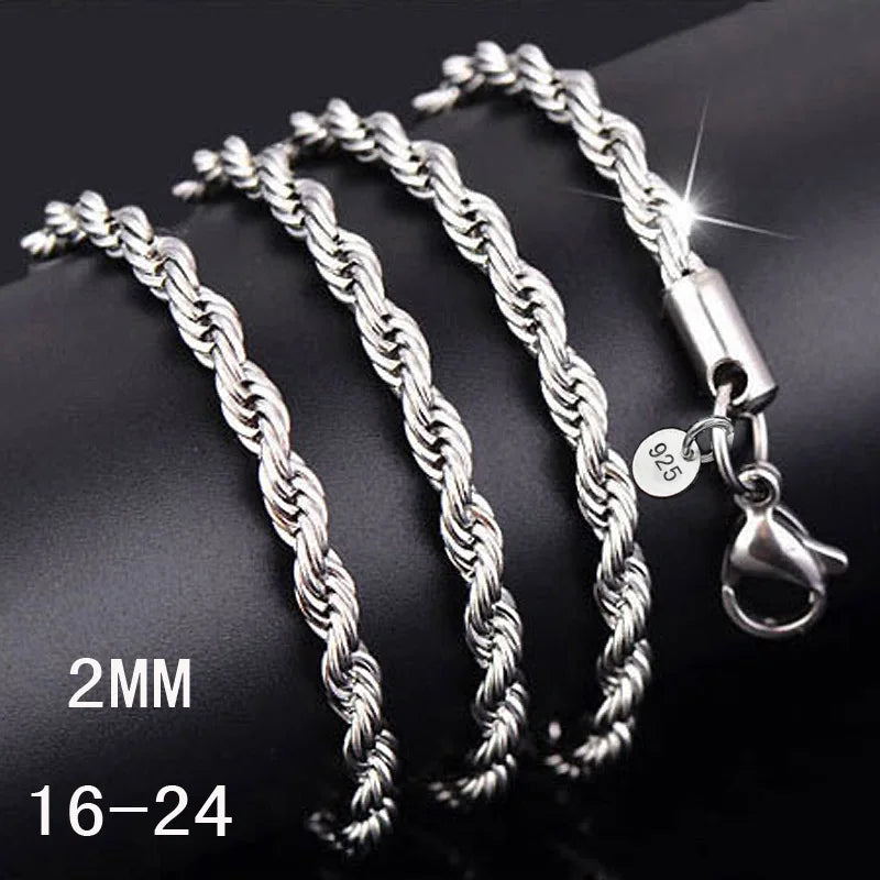 2-4MM Silver plated Twisted Rope Chain For Women Men Silver Choker Necklaces Fashion Jewelry 16-30 Inches