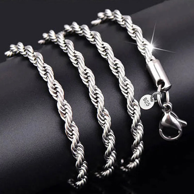 2-4MM Silver plated Twisted Rope Chain For Women Men Silver Choker Necklaces Fashion Jewelry 16-30 Inches