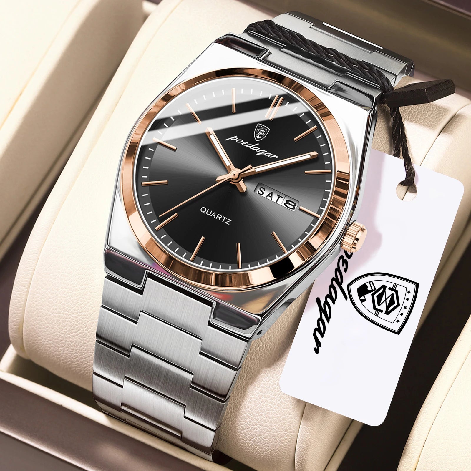 POEDAGAR Exquisite Business Men Watch Stainless Steel Waterproof Luminous Man Wristwatch Date Week Classic Men's Quartz Watches