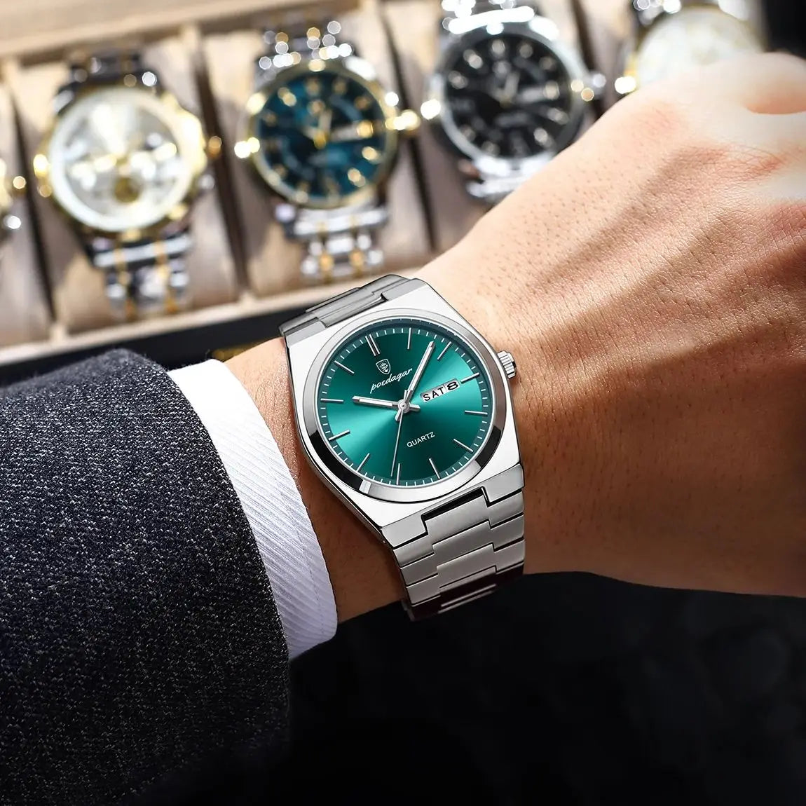 POEDAGAR Exquisite Business Men Watch Stainless Steel Waterproof Luminous Man Wristwatch Date Week Classic Men's Quartz Watches