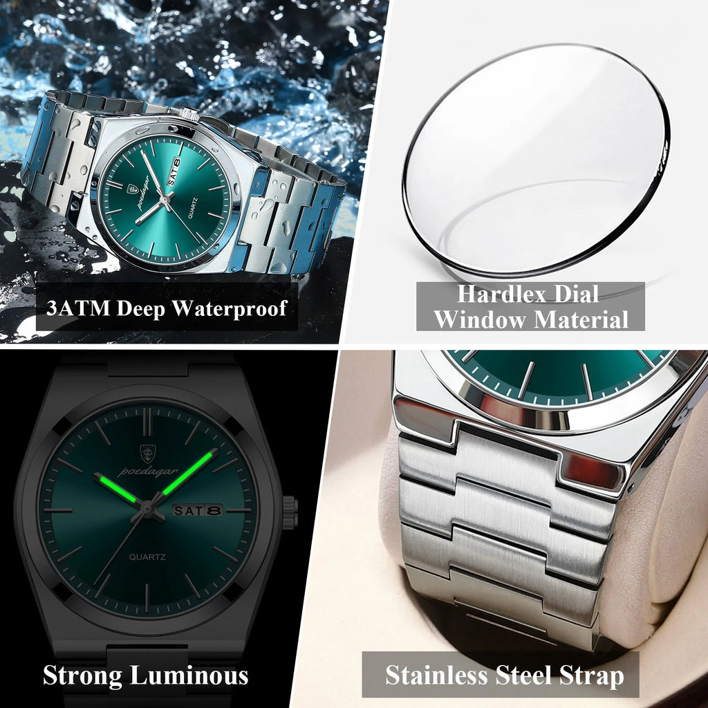 POEDAGAR Exquisite Business Men Watch Stainless Steel Waterproof Luminous Man Wristwatch Date Week Classic Men's Quartz Watches
