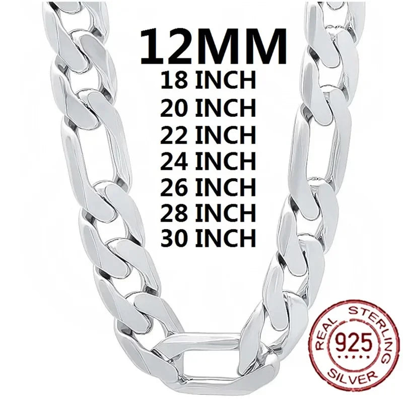 Solid 925 Sterling Silver Necklace For Men Classic 12mm Cuban Chain 18-30 Inch Charm High Quality Fashion Jewelry Wedding
