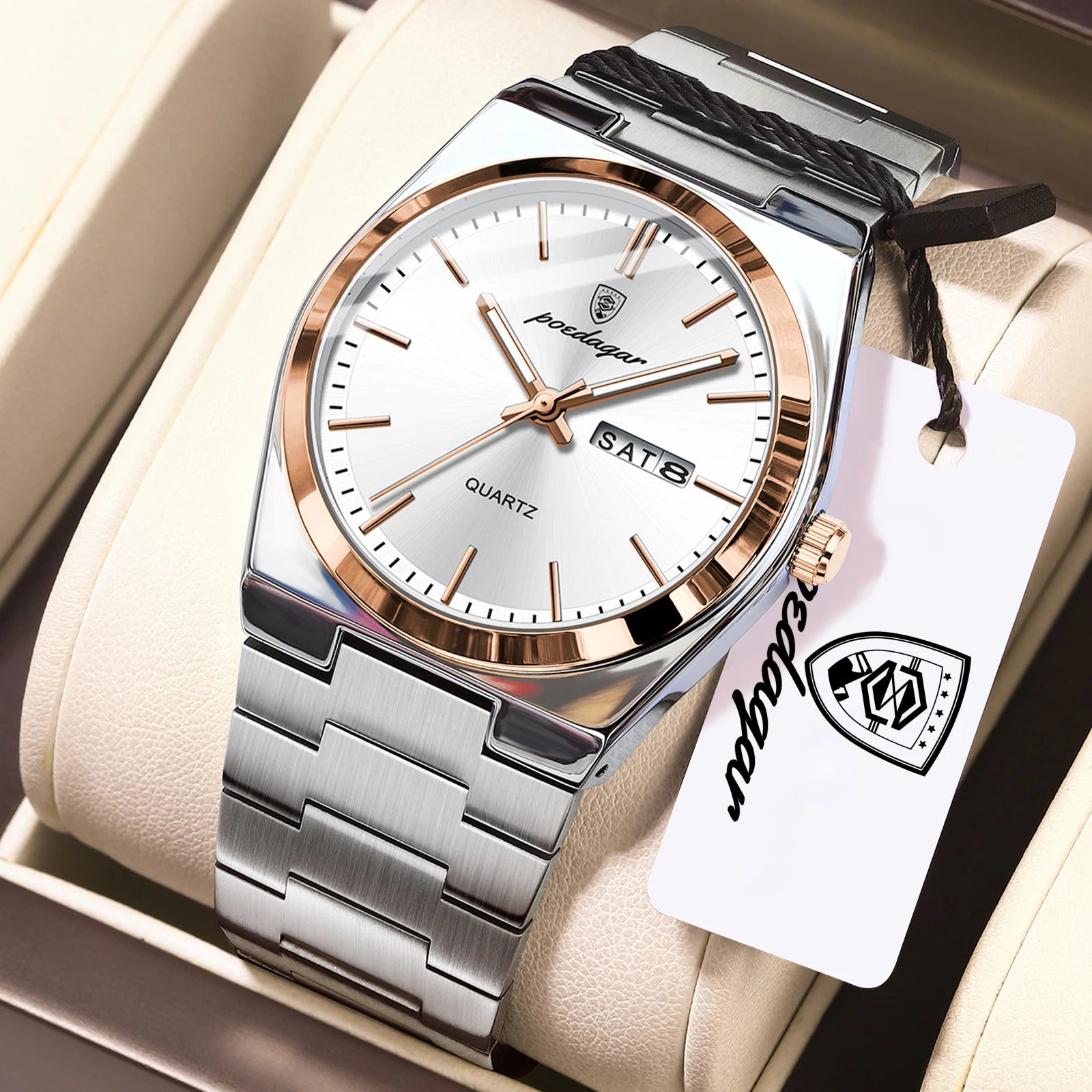 POEDAGAR Exquisite Business Men Watch Stainless Steel Waterproof Luminous Man Wristwatch Date Week Classic Men's Quartz Watches