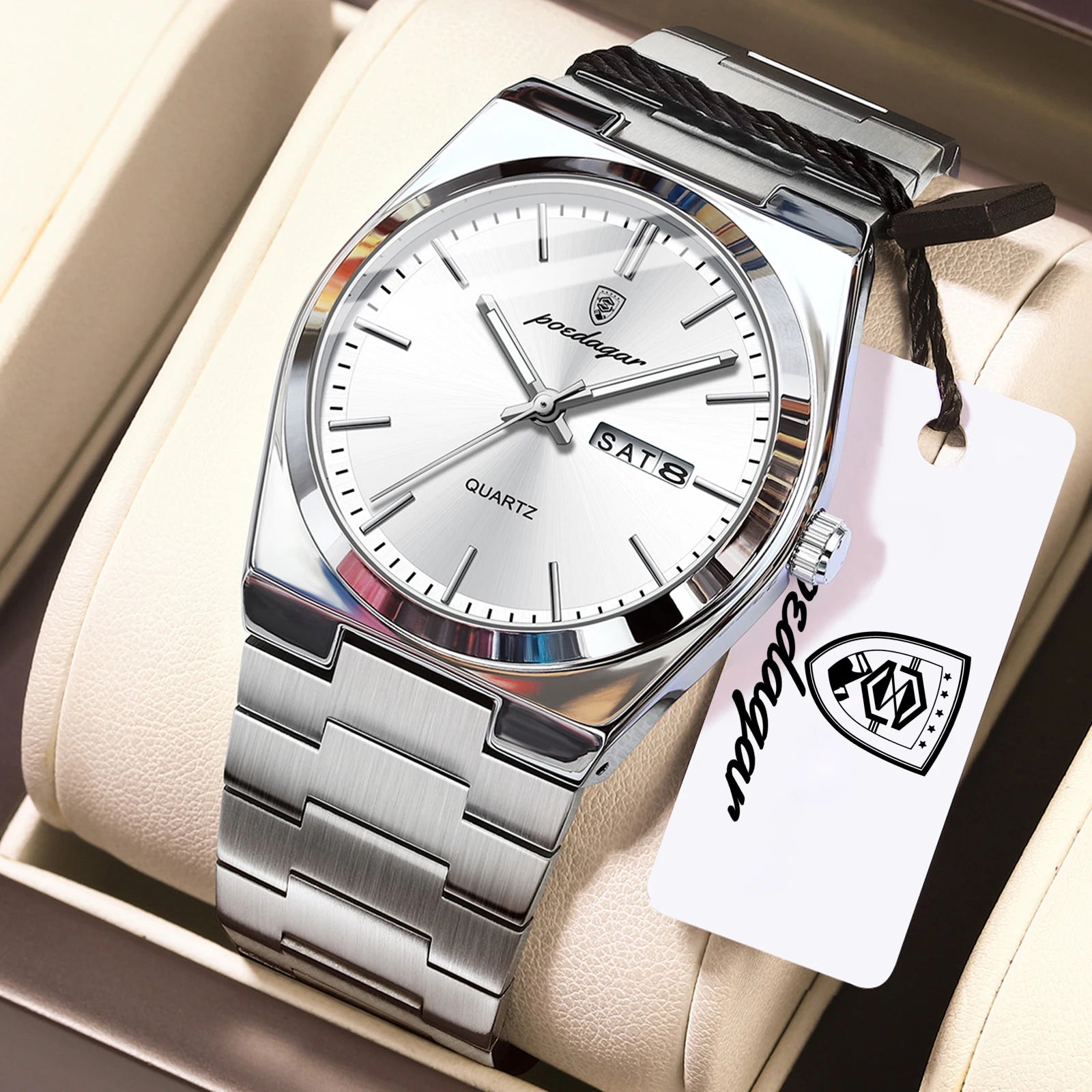 POEDAGAR Exquisite Business Men Watch Stainless Steel Waterproof Luminous Man Wristwatch Date Week Classic Men's Quartz Watches