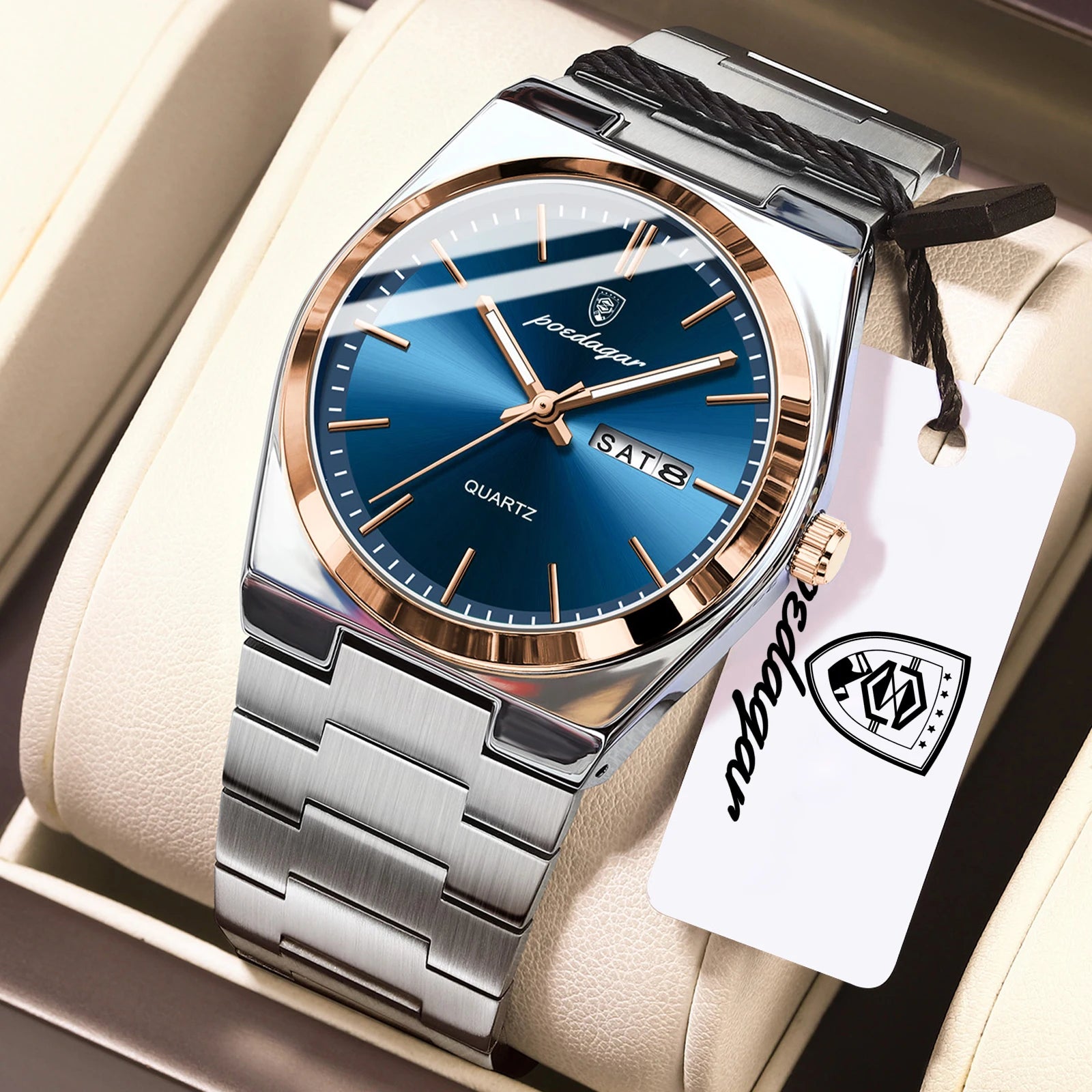 POEDAGAR Exquisite Business Men Watch Stainless Steel Waterproof Luminous Man Wristwatch Date Week Classic Men's Quartz Watches