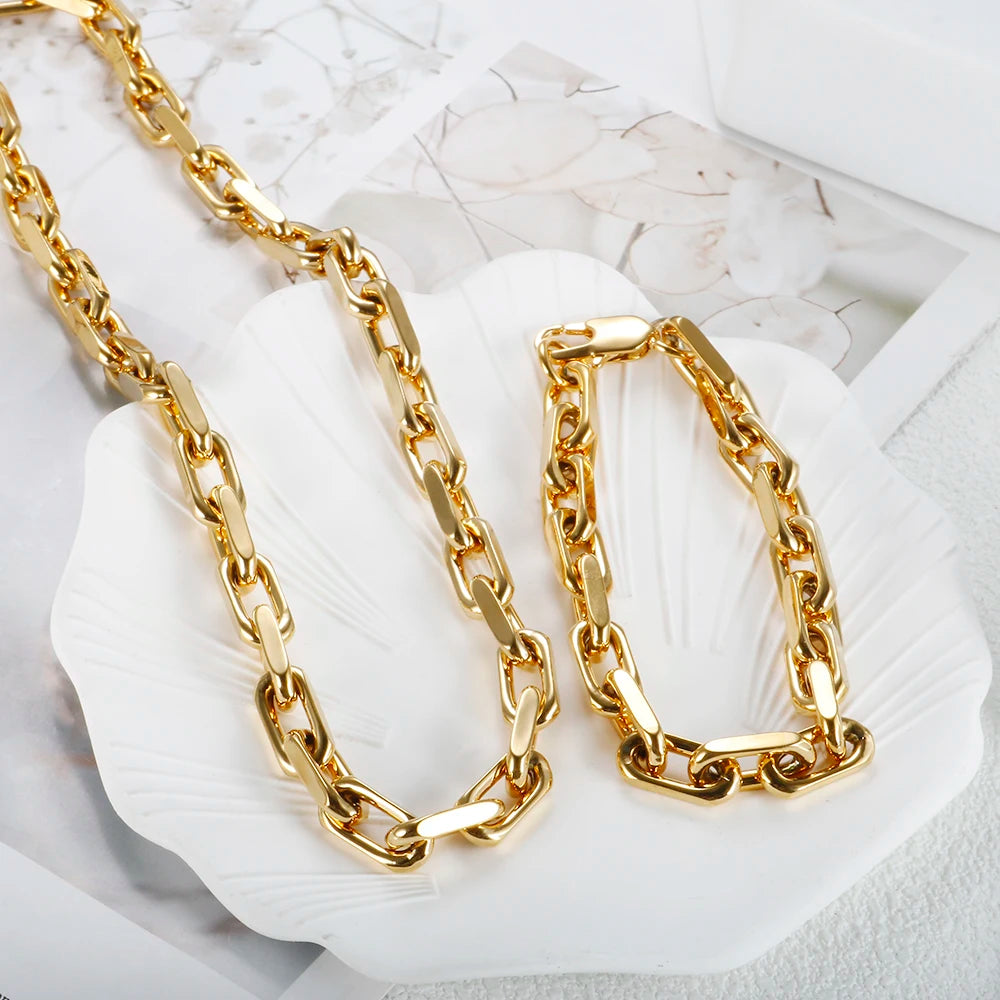Thick Flat Cuban Link Chain Stainless Steel Necklace Bracelet Jewelry Set Waterproof PVD Gold Plated for Pet Men Women Hiphop