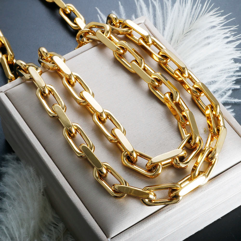 Thick Flat Cuban Link Chain Stainless Steel Necklace Bracelet Jewelry Set Waterproof PVD Gold Plated for Pet Men Women Hiphop